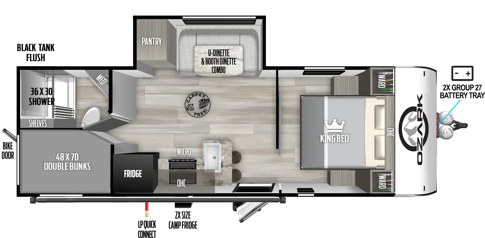 The 2640BHK has one slideout and one entry. Exterior features front 2x group 27 battery tray, 2x size camp refrigerator, LP quick connect, rear bike door, and black tank flush. Interior layout front to back: foot-facing king bed with overhead cabinet and wardrobes on each side; off-door side slideout with u-dinette/booth dinette combo, and pantry; door side entry, peninsula kitchen counter with sink and bar stools wraps to door side with overhead cabinet, microwave, cooktop, and refrigerator; rear off-door side full bathroom with medicine cabinet, and shelves; rear door side double bunks. Carpet Free Interior.